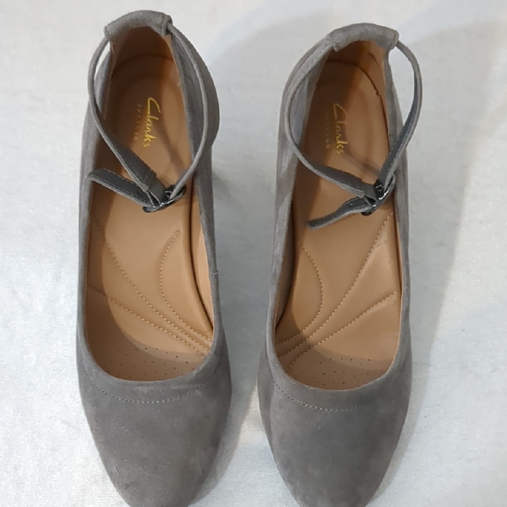 Clarks Grey Suede Chryssa Jana Block Heels With Ankle Strap